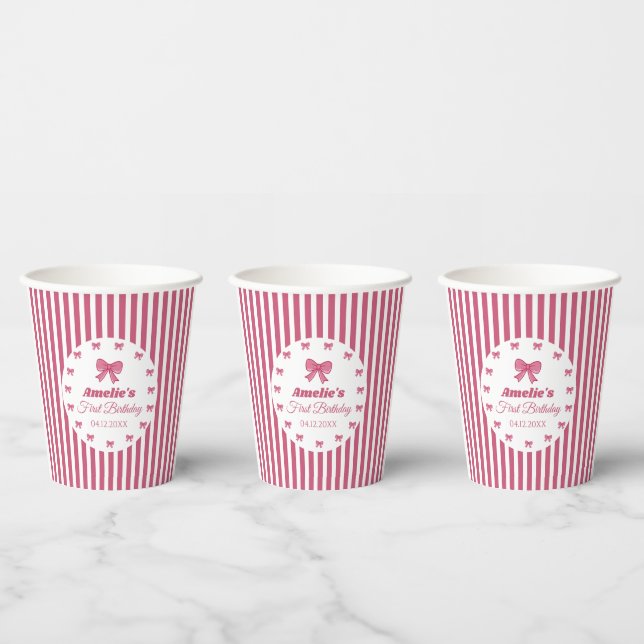 Vasos De Papel Cumpleaños Lazo Rosa Bonito (Multi)