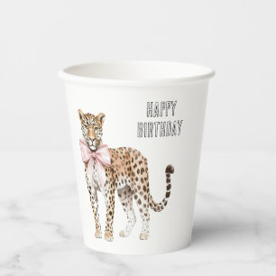 Vasos De Papel Cumpleaños Lazo Rosa Leopardo