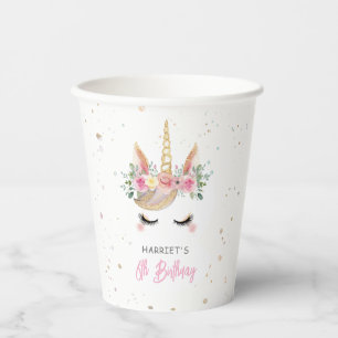 Vasos De Papel Cumpleaños Mágico Unicornio Cara Acuarela