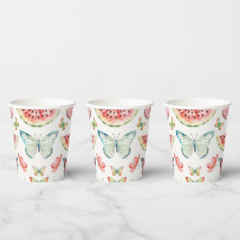 Vasos De Papel Cumpleaños Mariposas Azules Sandía Roja Verde