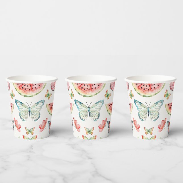 Vasos De Papel Cumpleaños Mariposas Azules Sandía Roja Verde (Multi)