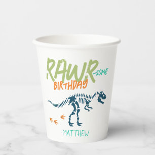 Vasos De Papel Cumpleaños niños T-Rex Dinosaurio Fósil Azul Genia