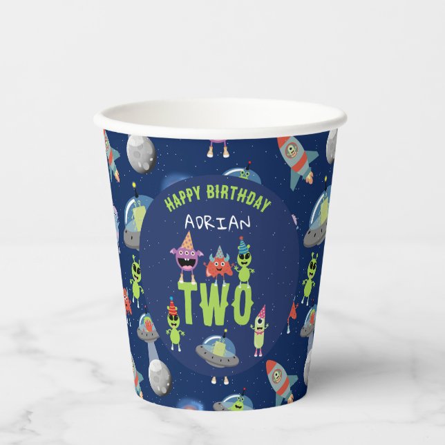 Vasos De Papel Cumpleaños Nombre Edad Monstruo Alien Espacio Lind (Anverso)