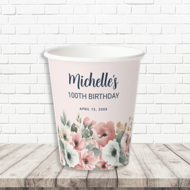Vasos De Papel  Cumpleaños número 100 de flores acuarela rosadas  (Pink and white watercolor floral 100th birthday party paper cup)