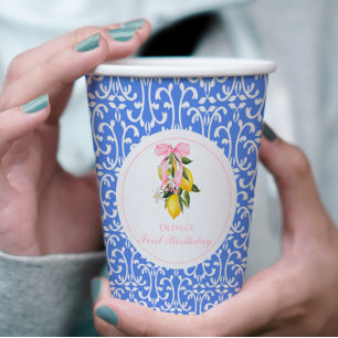 Vasos De Papel Cumpleaños número 1 elegante con lazo rosa y limón