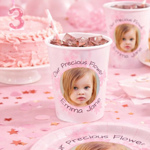 Vasos De Papel Cumpleaños número 3 de la niña con foto floral ros