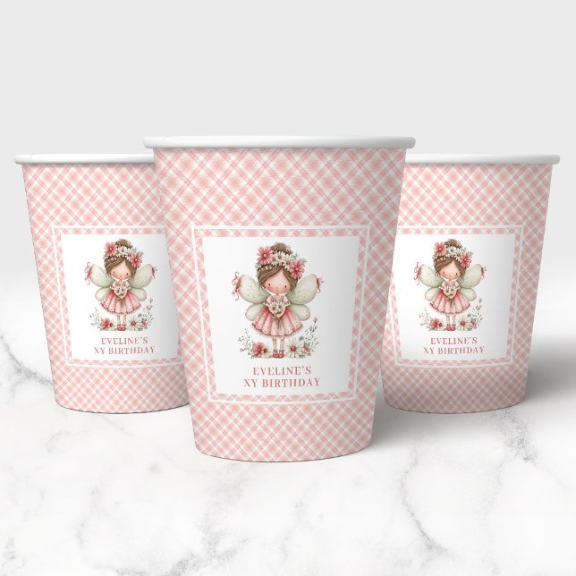 Vasos De Papel Cumpleaños número 4 Floral de Hada Caprichosa Rosa (Pastel Pink Whimsical Fairy Floral 4th Birthday Paper Cups)