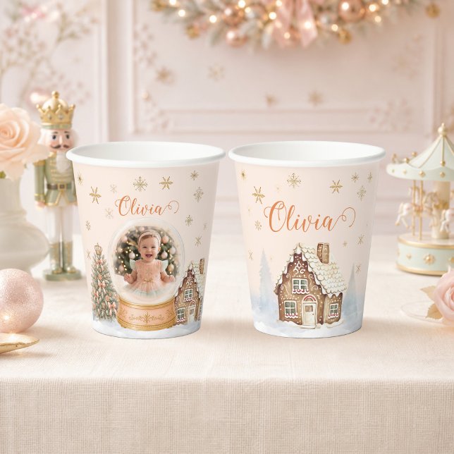 Vasos De Papel Cumpleaños personalizado con foto de Cascanueces e (Personalized Nutcracker Photo Snow Globe Birthday Paper Cups - Front and Back)
