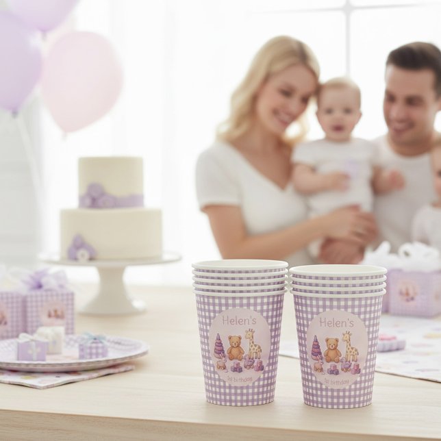 Vasos De Papel Cumpleaños personalizado de lavanda a cuadros 1er  (Subido por el creador)