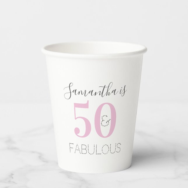 Vasos De Papel Cumpleaños personalizado, rosa moderno 50 y fabulo (Reverso )
