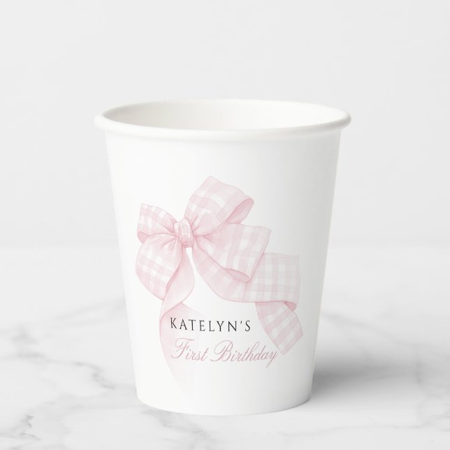 Vasos De Papel Cumpleaños primero con lazo rosa (Anverso)