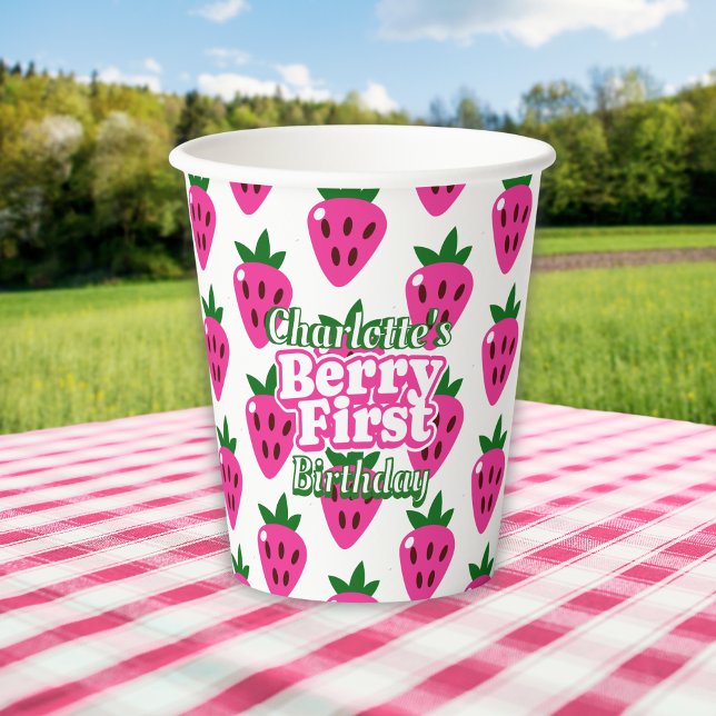 Vasos De Papel Cumpleaños primero de Fresa Rosa  (Subido por el creador)