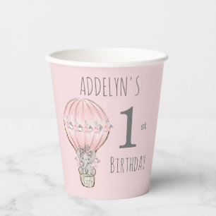 Vasos De Papel Cumpleaños Princesa Elefante Globo Rosa Gris 1
