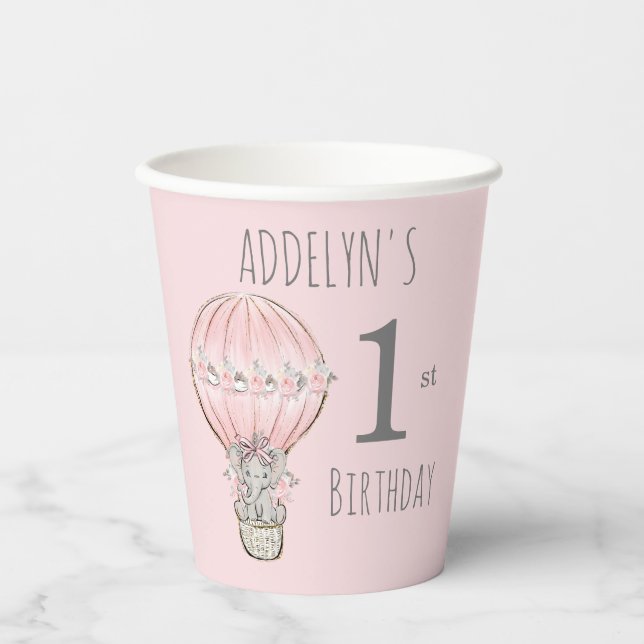 Vasos De Papel Cumpleaños Princesa Elefante Globo Rosa Gris 1 (Anverso)