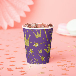 Vasos De Papel Cumpleaños Princesa Purpura y Dorado con Brillo y