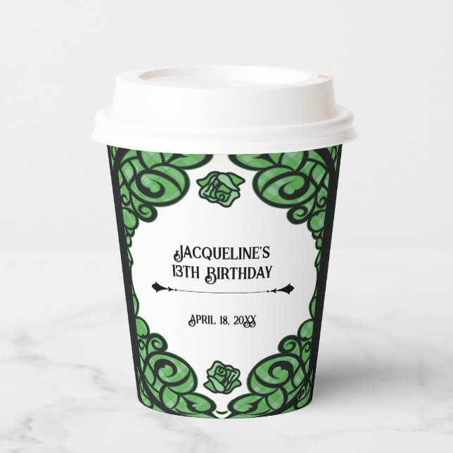 Vasos De Papel Cumpleaños Princesa Rosa Verde y Negra con Puerta  (Anverso)