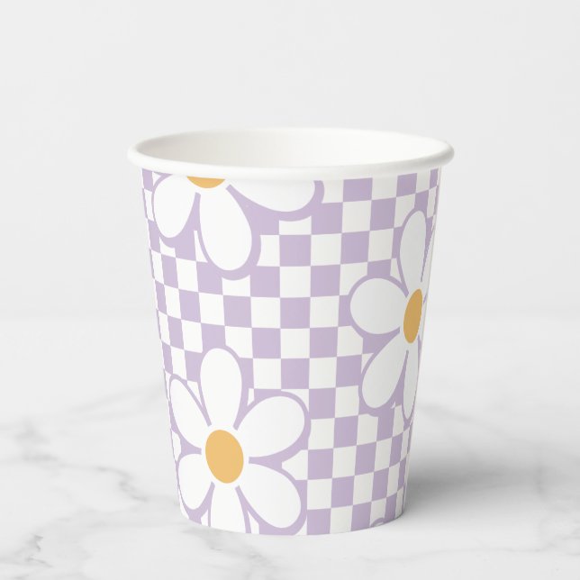 Vasos De Papel cumpleaños Retro Checker Lilac Daisy (Reverso )