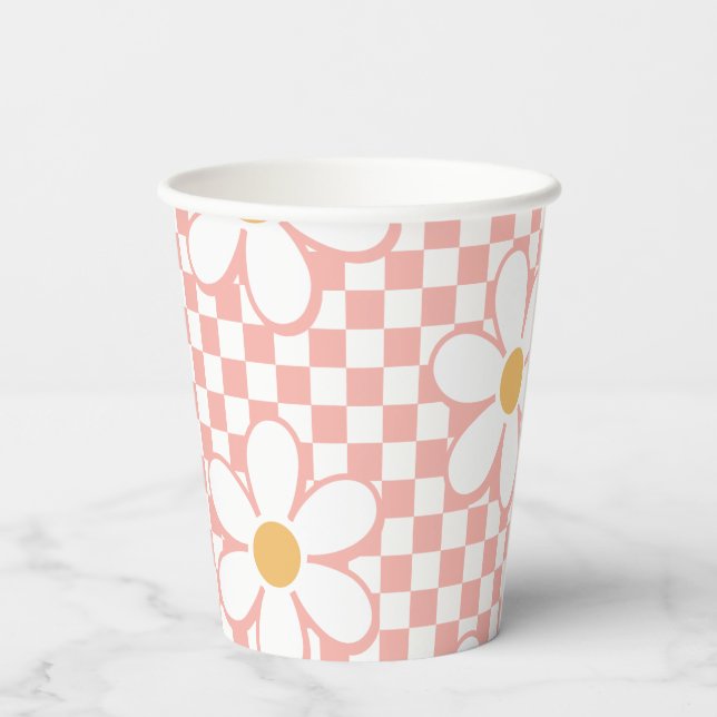 Vasos De Papel Cumpleaños Retro Checker Pink Daisy (Reverso )