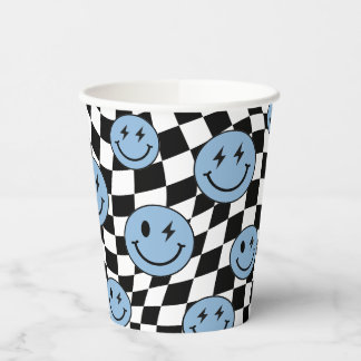 Vasos De Papel Cumpleaños Sonrisa Preppy Retro Cuadro Ondulado Az