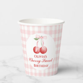 Vasos De Papel Cumpleaños Sweet Cherry lazo rosa Gingham