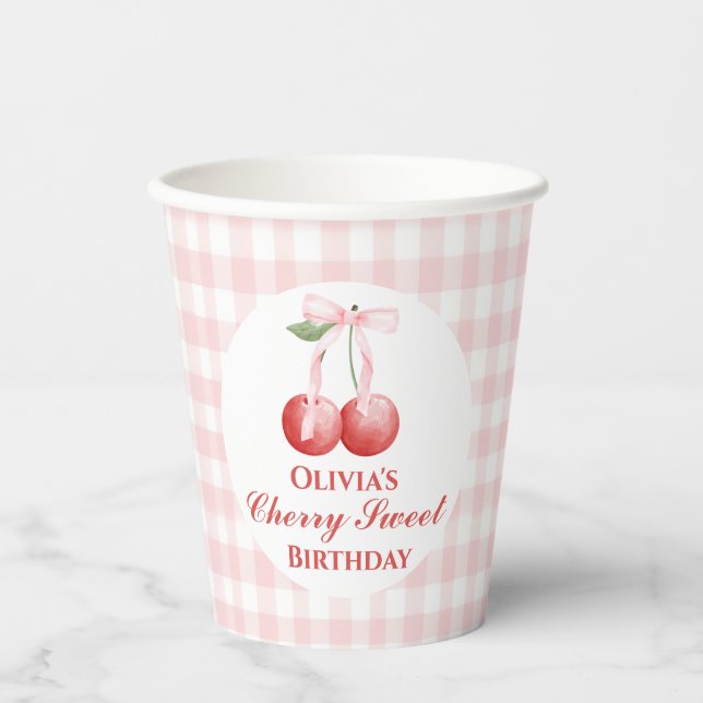 Vasos De Papel Cumpleaños Sweet Cherry lazo rosa Gingham (Anverso)