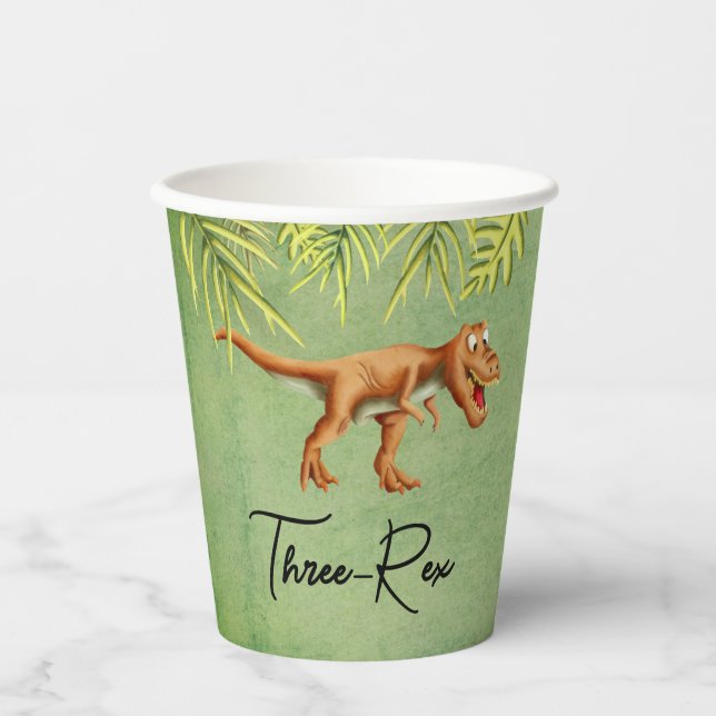 Vasos De Papel Cumpleaños tres-Rex Dinosaurio Tropical (Anverso)