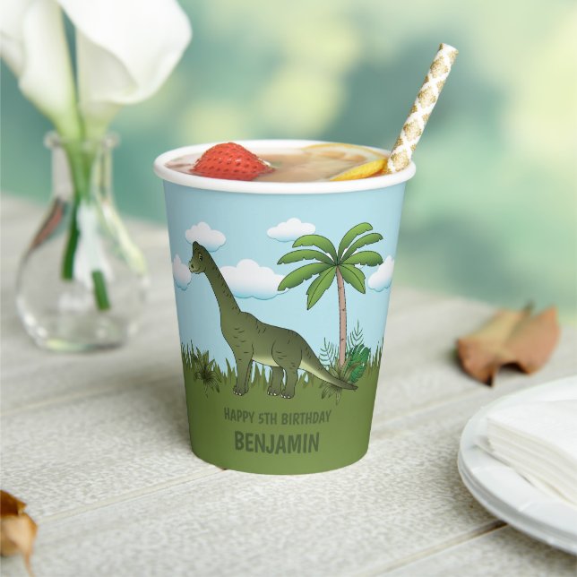 Vasos De Papel Cumpleaños Tropical Brachiosaurus Cielo Azul (in situ)