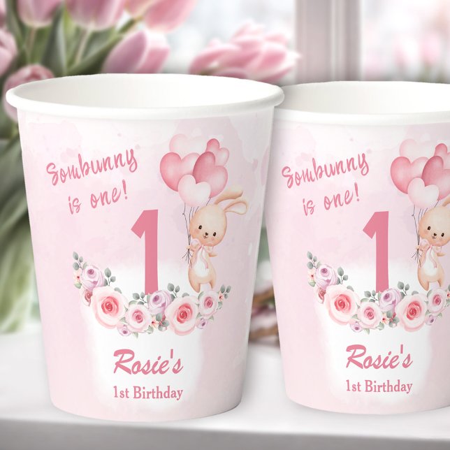 Vasos De Papel Cunte Bunny Pink Primer Chica de cumpleaños Primav (Cute Bunny Pink 1st Birthday Girl Floral Spring Paper Cups)