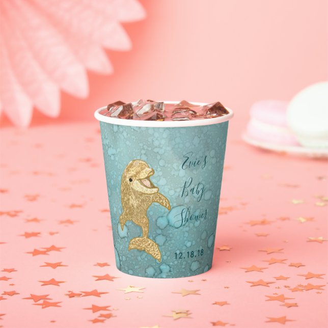 Vasos De Papel Cups de papel de Baby Shower "Gold Dolphin Baby" d (in situ)