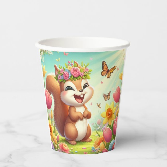 Vasos De Papel Cura, ardilla de primavera feliz (Anverso)
