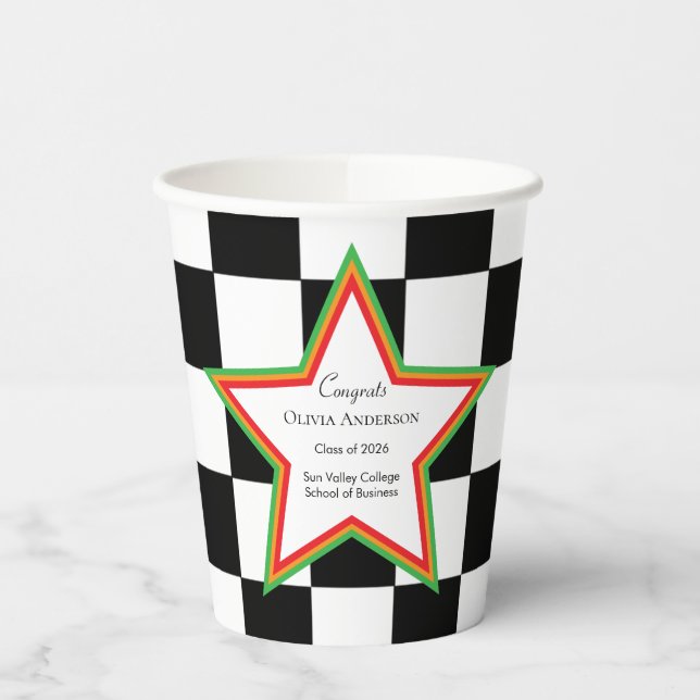 Vasos De Papel Custom Text, Checkered Graduation Party Paper Cups (Izquierda)