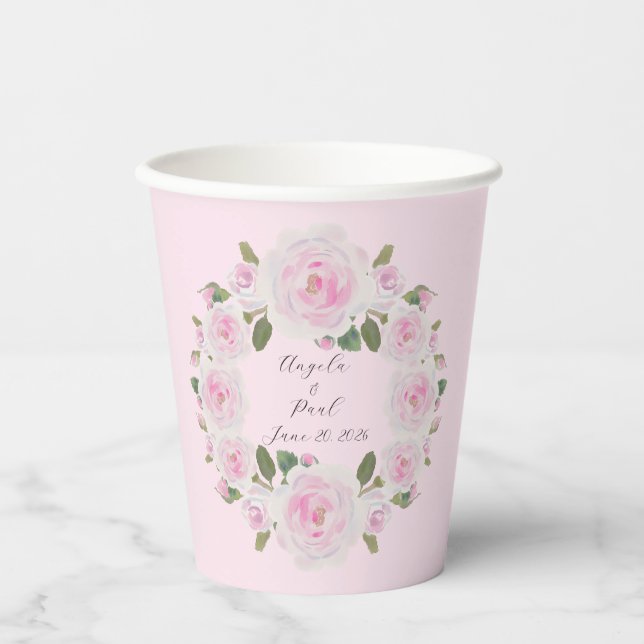 Vasos De Papel Custom Texts Pink Roses Wreath Paper Cups Wedding (Anverso)