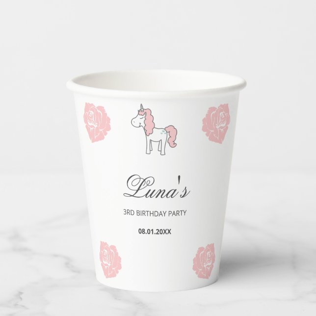 Vasos De Papel Custom Unicorn Cute Pink Birthday Party  (Anverso)