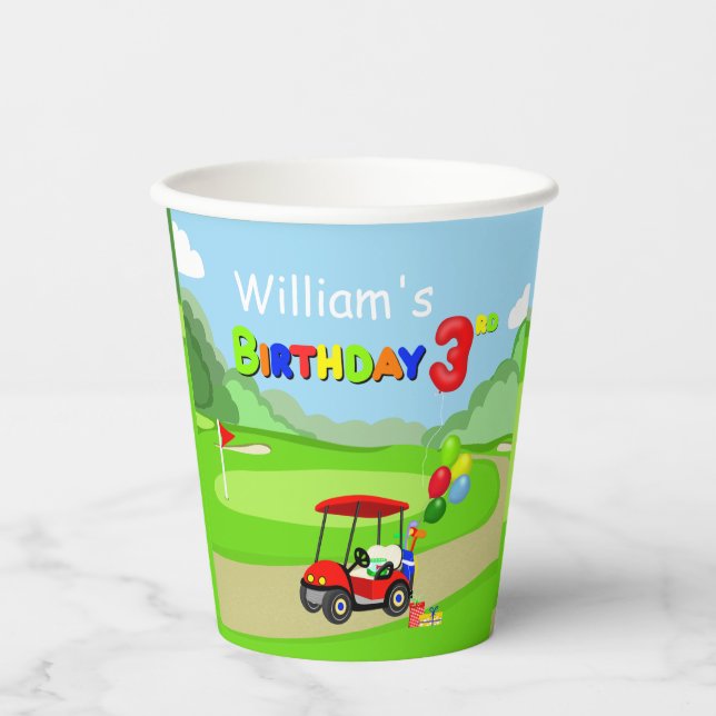 Vasos De Papel Cute 3er cumpleaños Red Golf Cart Boy's (Anverso)