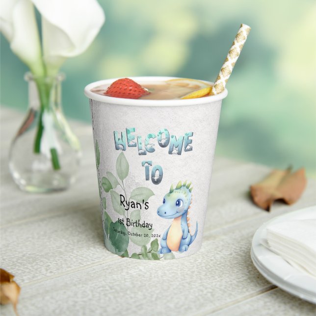 Vasos De Papel Cute acuarela Bebé Dinosaurio Primer cumpleaños (in situ)