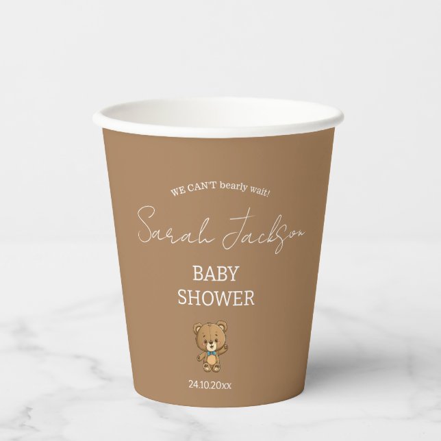Vasos De Papel Cute acuarela Neutral Teddy Bear Baby Shower (Anverso)
