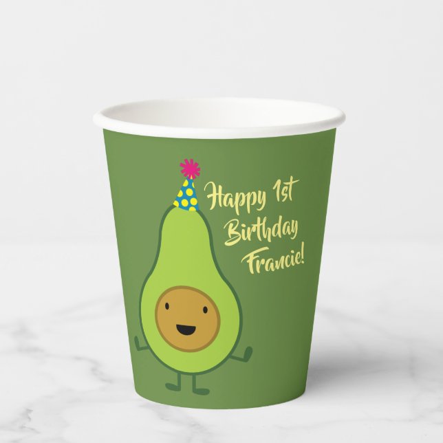 Vasos De Papel Cute aguacate niños de 1 cumpleaños (Anverso)