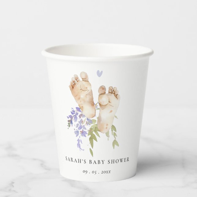Vasos De Papel Cute Baby Feet Blue Floral Boy Baby Shower (Anverso)