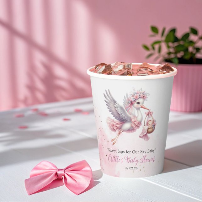 Vasos De Papel Cute Baby Girl Stork & Pink Cloud Baby Shower (Subido por el creador)