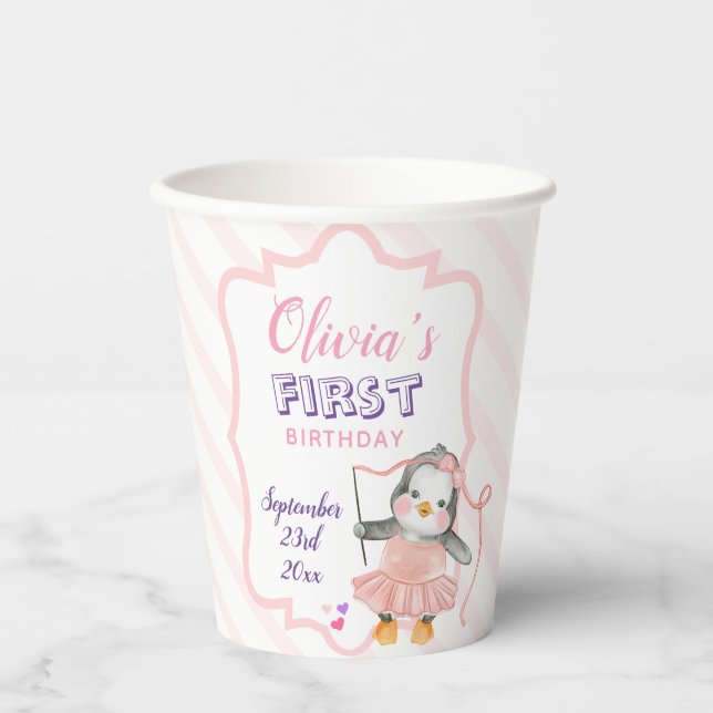 Vasos De Papel Cute Ballerina Bebé Pingüino Rosa Primer cumpleaño (Anverso)