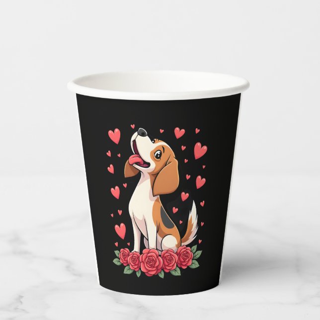 Vasos De Papel Cute Beagle with Red Roses Hearts Floral Valentine (Anverso)