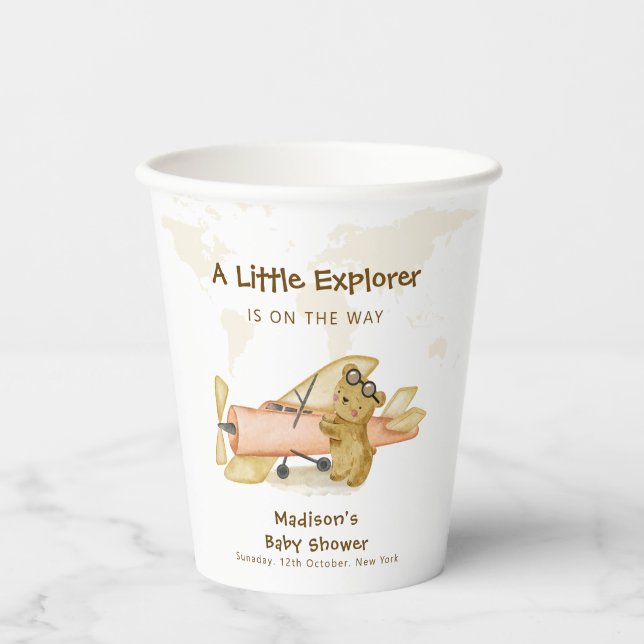 Vasos De Papel Cute Bear Explorer World Map Airplane Baby Shower  (Anverso)