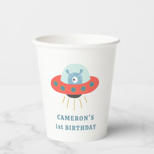 Vasos De Papel Cute Blue Alien Spaceship, primer Fiesta de cumple