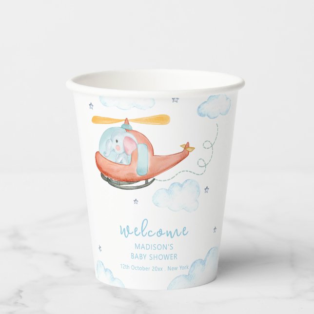 Vasos De Papel Cute Blue Elephant Helicopter Baby Shower Welcome  (Anverso)