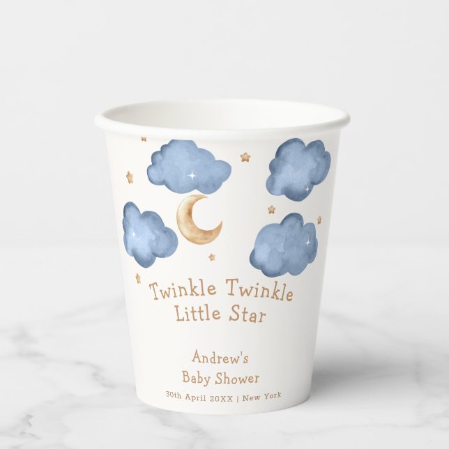 Vasos De Papel Cute Blue Moon Stars Twinkle Twinkle Baby Shower (Anverso)