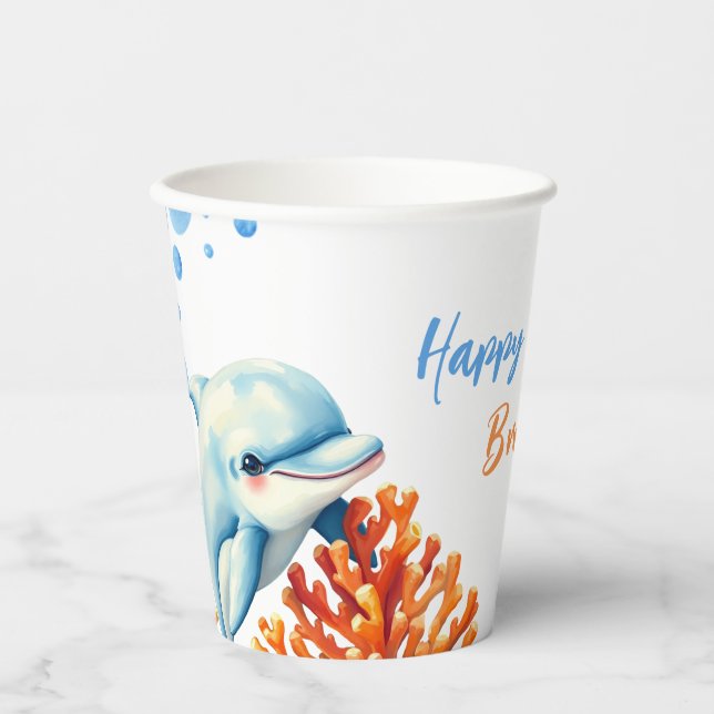 Vasos De Papel Cute Blue & Naranja Dolphin Kids Cumpleaños (Anverso)