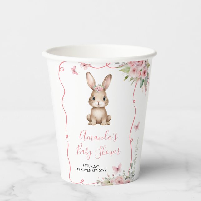 Vasos De Papel Cute Bunny Baby Shower Girl Pink Floral (Anverso)
