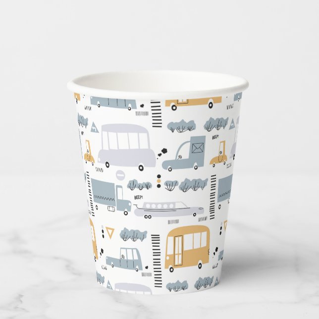 Vasos De Papel Cute Cars in Traffic Pattern (Anverso)