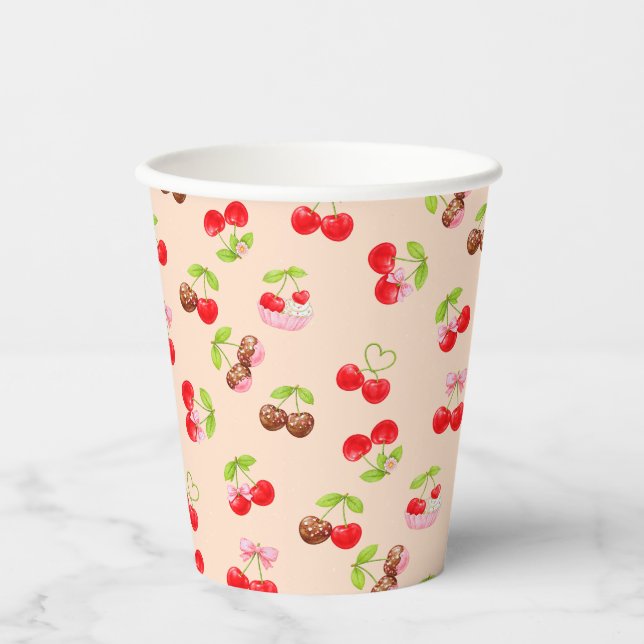 Vasos De Papel Cute Cherry Dessert Pattern Sweet Party Aesthetic (Anverso)