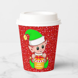 Vasos De Papel Cute Christmas Elf sobre purpurina roja